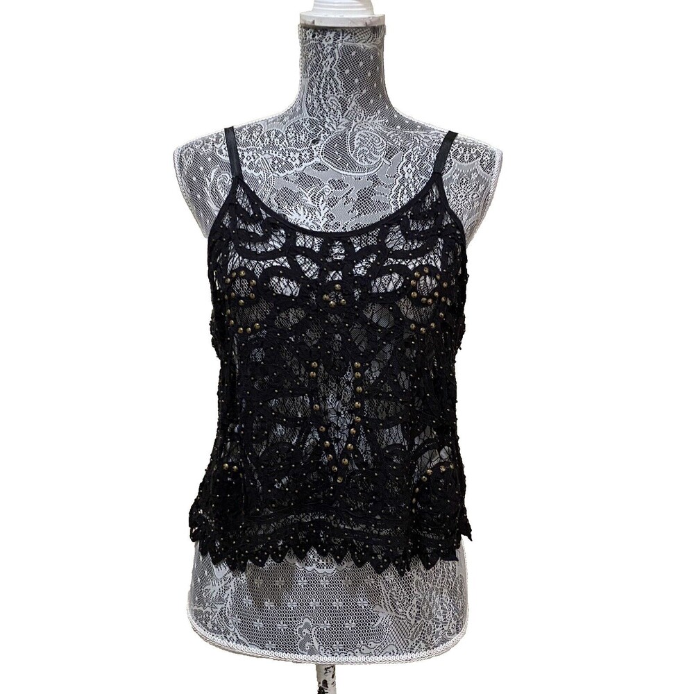 Free People Intimately Black Crochet Lace Cami Studded Tank Top Boho Festival S - Picture 12 of 15